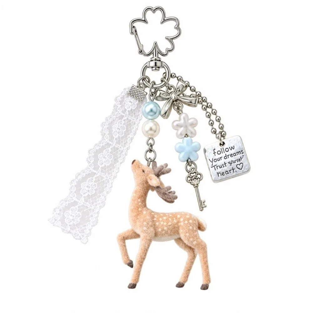 Flower Bag Hanging Flocked Deer Key Chain Floral Handmade Animal Bag Charm Lightweight Miniature Flocked Pendant Students