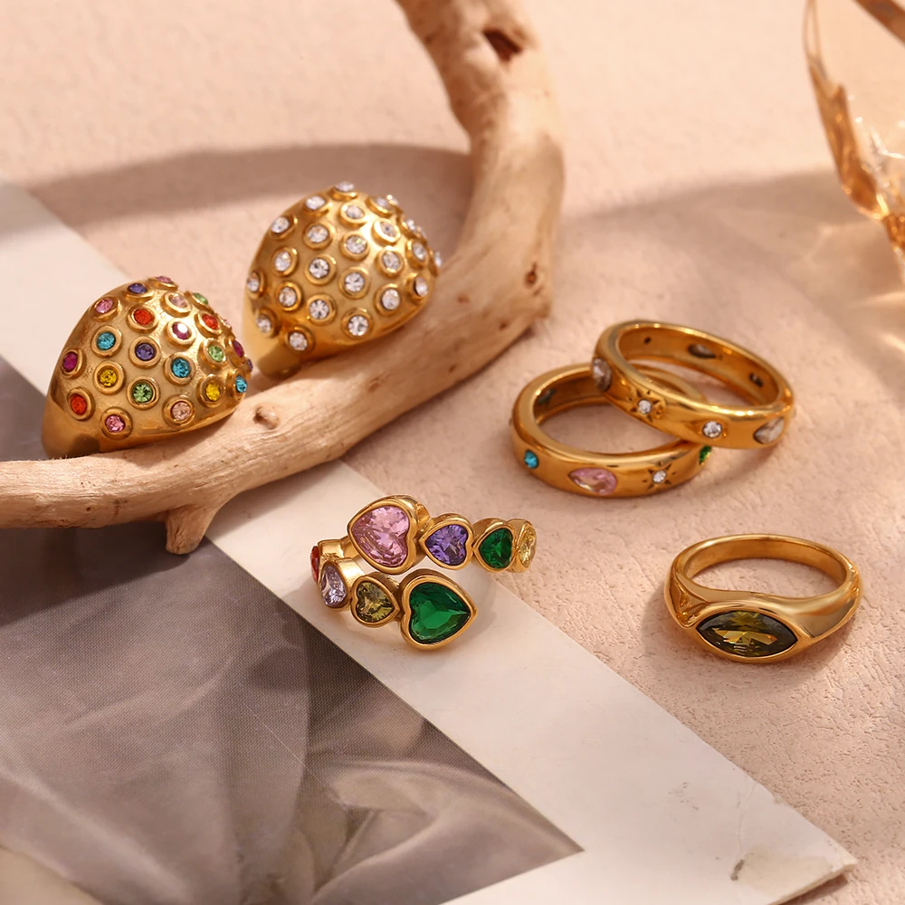 EBbelle Anello rettangolare in acciaio inossidabile colorato con gocce d'acqua geometriche con zirconi a forma di bolla, parte superiore rotonda, con sigillo a forma di occhio di cavallo