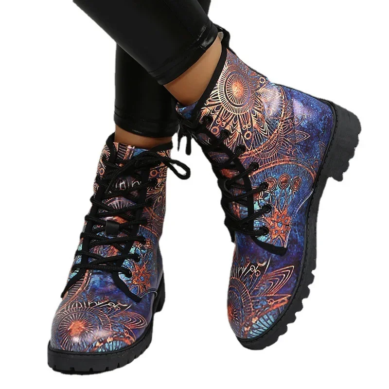 Boots Women\'s Autumn and Winter 2022 British Fashion Women\'s Tooling Boots Skull and Flower Print High-top Boots Ladies