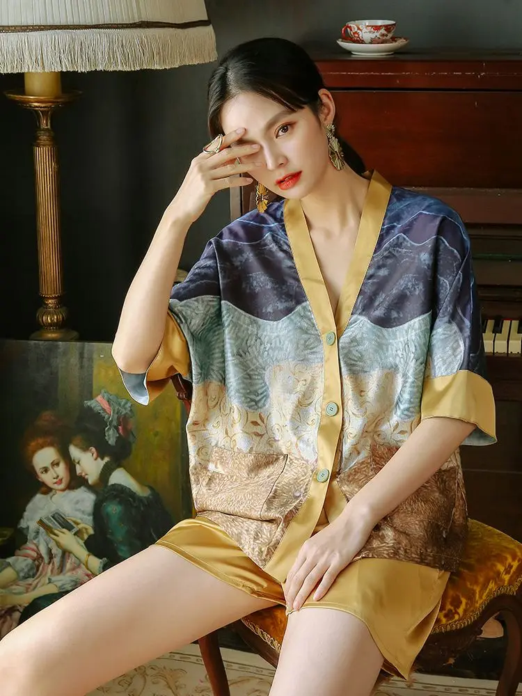 

2023 New Summer V Neck Printed Sleepwear for Woman Pajamas Set Silk Satin Short Sleeve 2 Pieces Loungewear Loose Casual Homewear