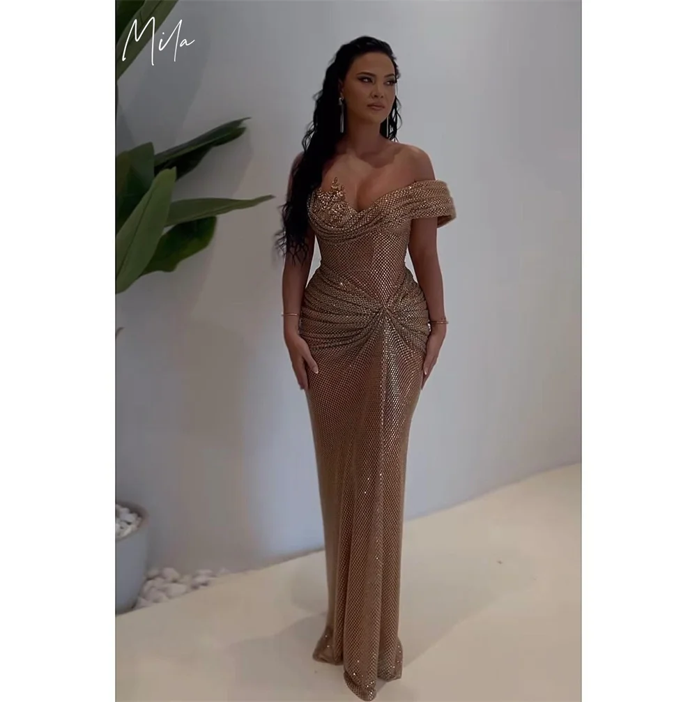 

Mila Off Shoulder Wedding Party Dress Customized Short Sleeve Floor-Length Evening Dresses Mermaid Diamond vestidos de fiesta