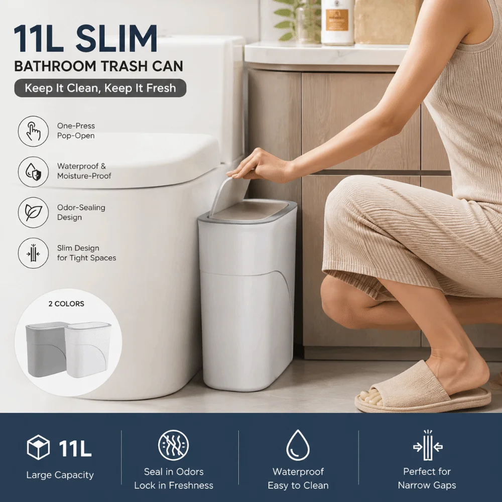 Slim Narrow Gap 11L Bathroom Trash Can with Lid Odor-Free Waterproof Garbage Bin Seamless One-Touch Pop-Up Living Room Dustbin