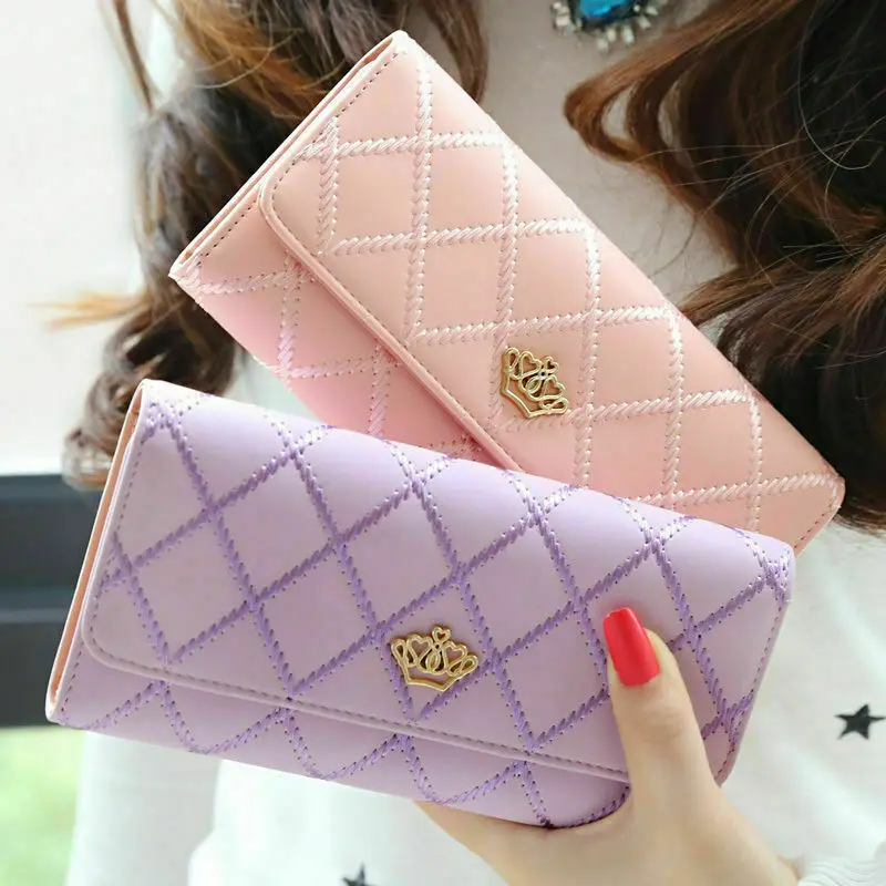 Women Pu Leather Long Wallet With Diamond Pattern Fashion Coin Purse Card Holder Multi-Slot Crown Buckle Ladies Phone Bag New