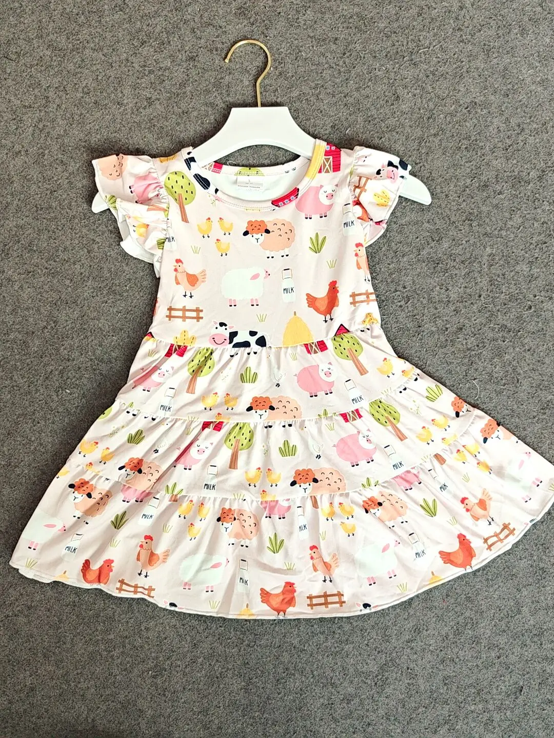 

8.16 летнее платье для маленьких девочек, платья длиной до колена с развевающимися рукавами для маленьких девочек, коровы и цыплят