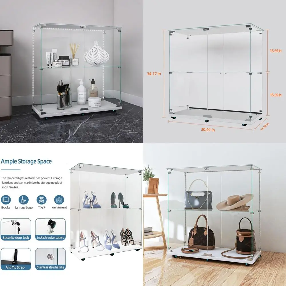 

Modern Rolling Glass Curio Cabinet with LED Lights, 2 Doors, 2 Shelves, Lockable, 34.17 High