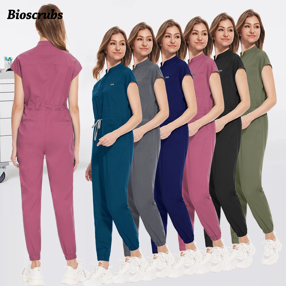 

Medical Scrubs Overalls Beauty Spa Uniform Women Dentist Nurse Work Jumpsuits Hospital Nursing Surgical Clothes Pockets Workwear