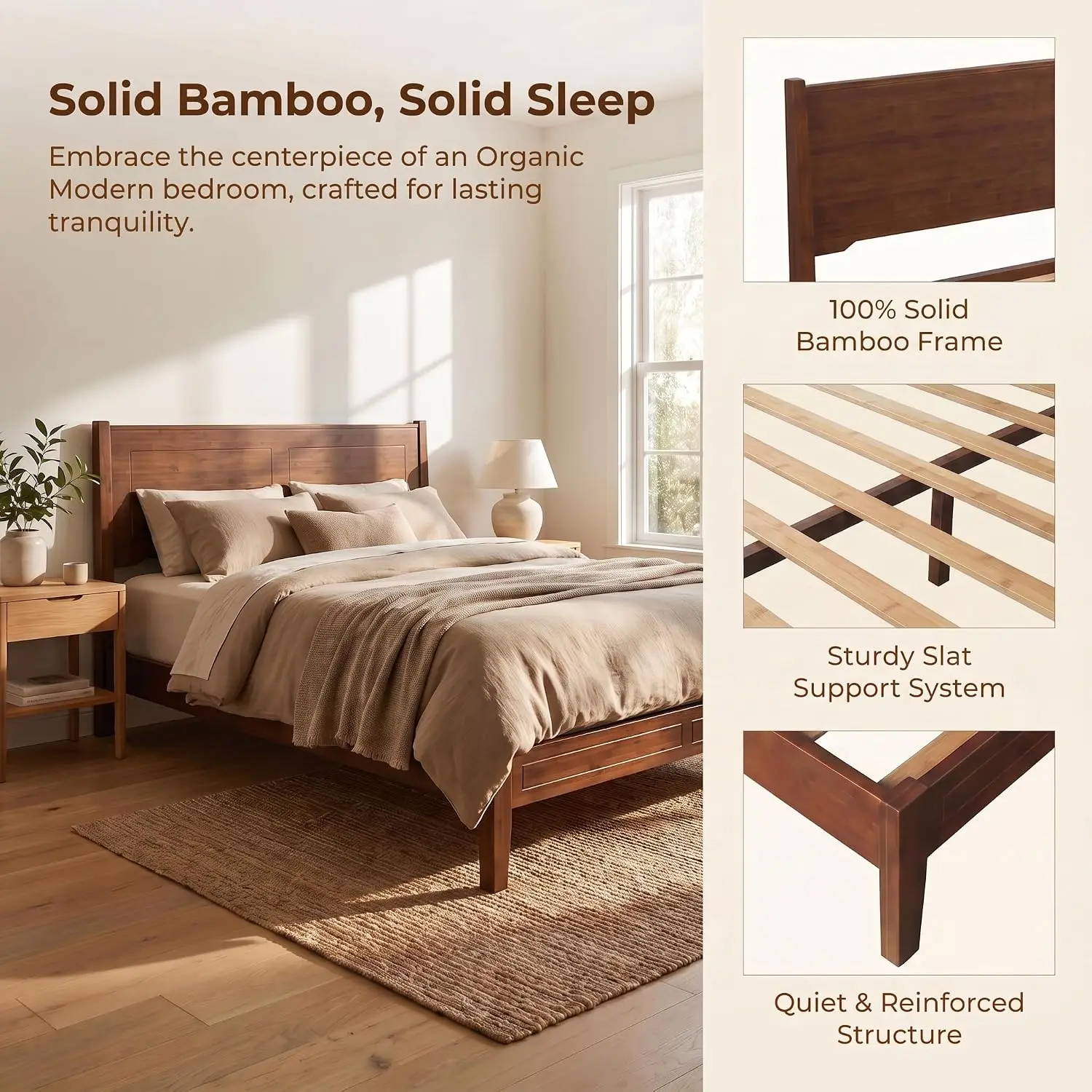 Queen Size Bamboo Platform Bed Frame with Tall Headboard, Customized - view 3