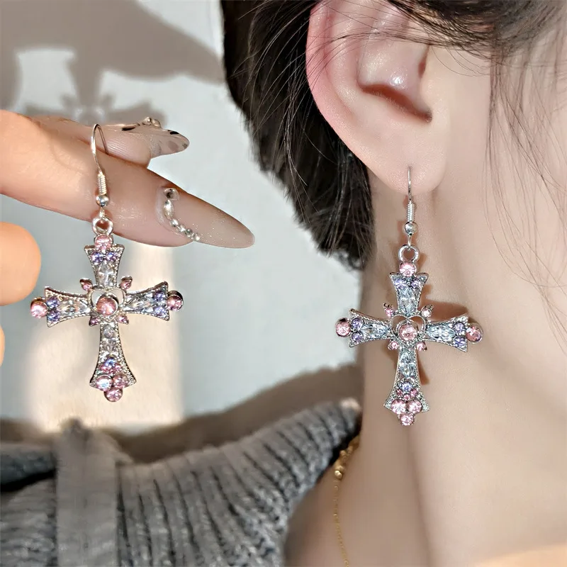 คลาสสิกคริสตัลจี้ต่างหูผู้หญิงอินเทรนด์สีชมพู Rhinestone CROSS Dangle ต่างหูเครื่องประดับของขวัญหญิง