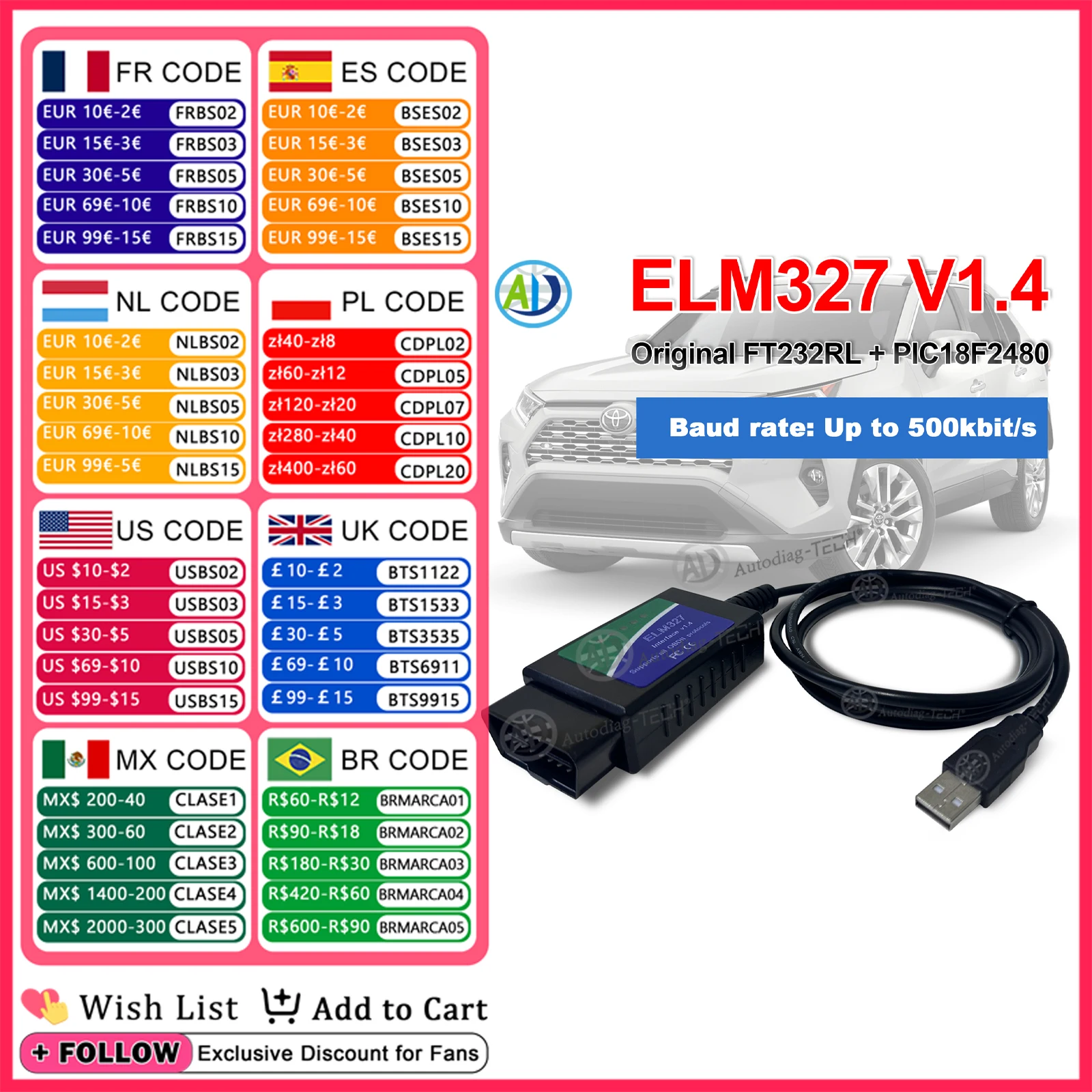 

ELM327 USB V1.4 Original FTDI FT232RL + PIC18F2480 Chip OBD2 Diagnostic Scanner Car OBDII Diagnostic Tool for VW/Peugeot/VOLVO