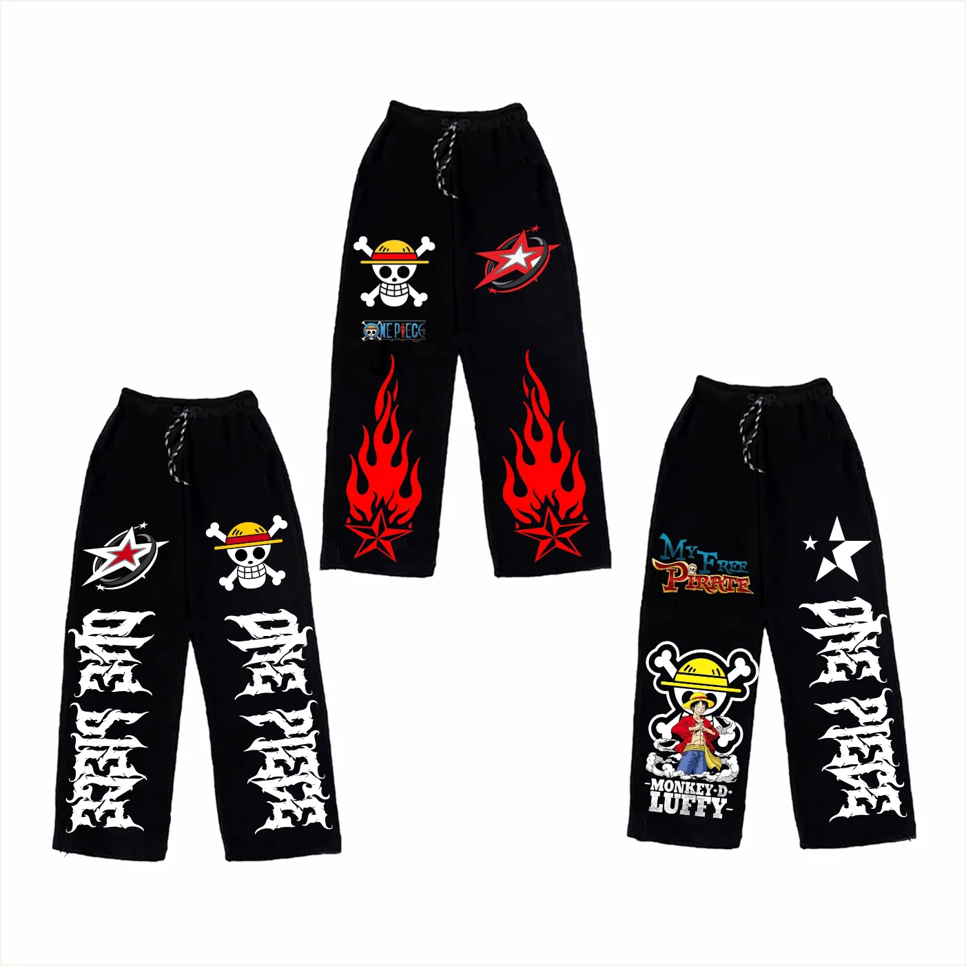 

Japanese Hot Blooded Anime One Piece Luffy Same Style Flame Pants Large Loose Straight Tube Trendy Men's Street Casual Pants