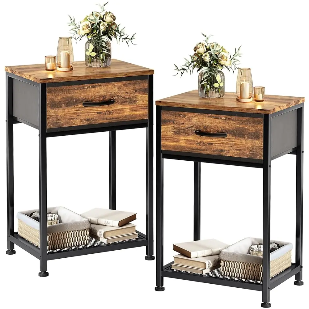 

Night Stands Set Of 2,End Tables With Drawer For Bedroom Bed Side Table For Home, Rustic Brown Wood Night Stand Bedroom