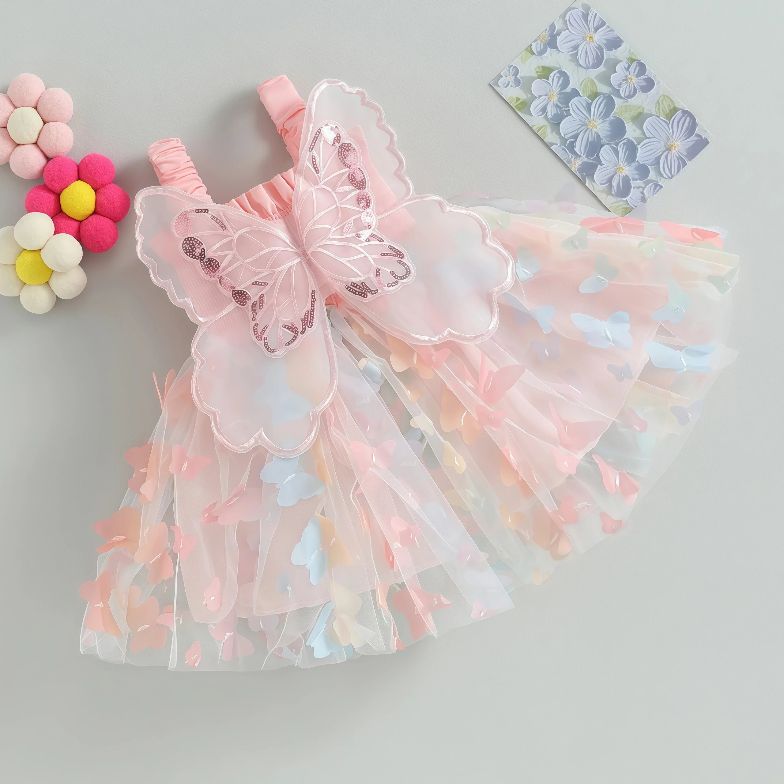 Summer Kids Girls Sleeveless 3D Butterfly Wing Tulle Tutu Dress Children A-Line Sundress Princess Fancy Birthday Party Dress