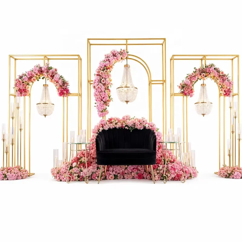 Hot Wedding Props Iron Screen Wedding Stage Layout Gold Metal Arch Welcome Area Decorative Background Frame