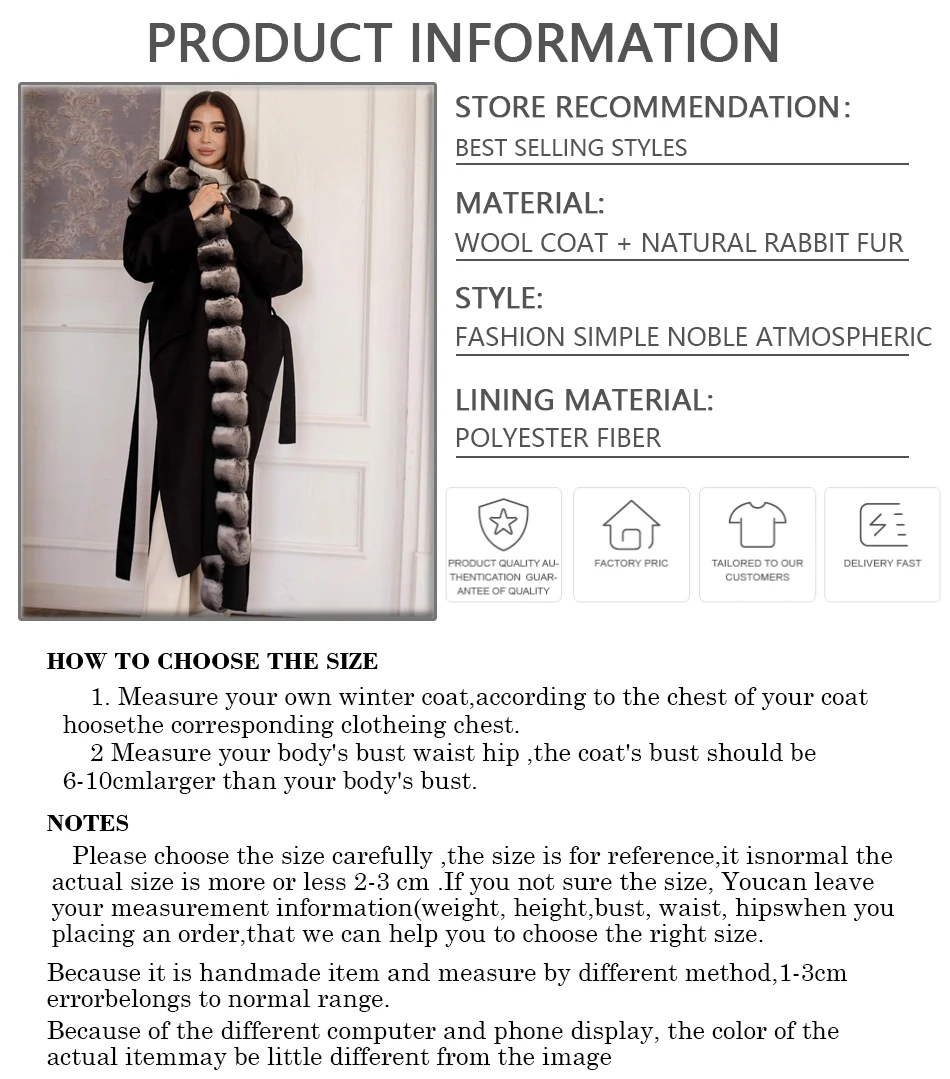 Real Fur Coat Women\'s Fur Coat With Hood Long Wool Blends Coat Natural Rex Rabbit Fur Collar Winter Warm Jacket Luxury High Qual