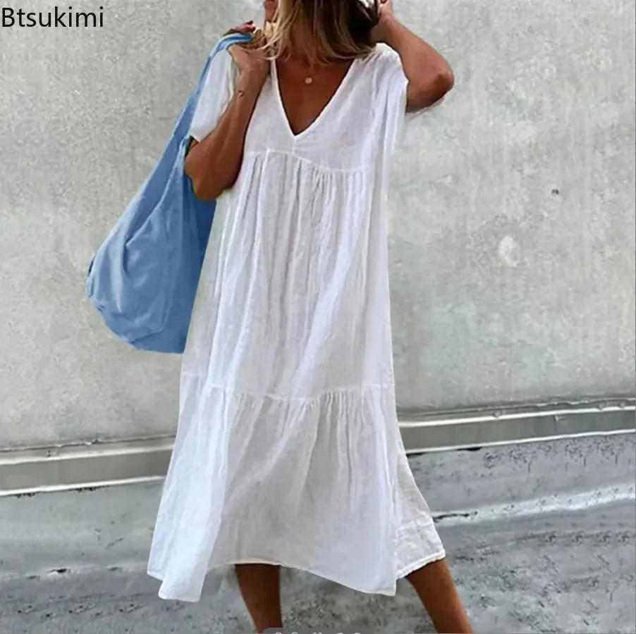 

New Cotton Linen Midi Dresses for Women Fashion Casual V-neck Short Sleeves Loose Dress Summer Solid Simple Style Beach Dress