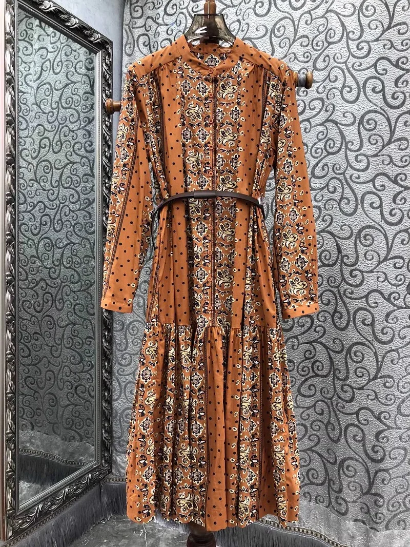 Top Quality New Autumn Dress 2024 Fashion Clothes Lady Vintage Print Belt Deco Long Sleeve Mid-Calf Length Khaki Blue Dress