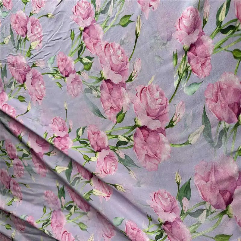 1 meter 100% Mulberry Silk 14 momme Crepe Silk Fabric Purple Floral Printed 136cm 53\