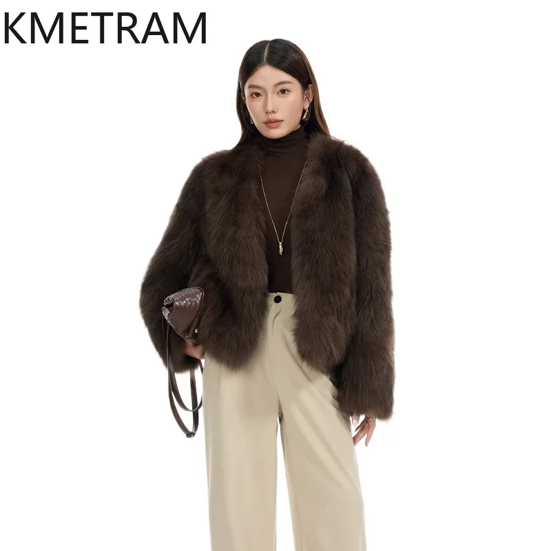 

KMETRAM Natural Finnish Fox Belly Fur Coats Women V-Neck Short Jacket 63cm Winter Premium Real Fur Coat Woman Clothing 2026 шуба