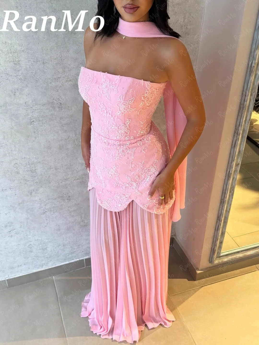 Ranmo rosa elegante frisado sereia vestido de baile até o chão plissado cachecol vestidos de noche sem mangas vestidos de noite elegantes 2025