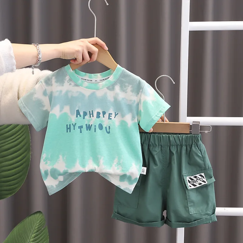 2024 Designer Baby Boy 18 Months Old Summer Clothes for Kids Halo Dyed Wave Letter Short Sleeve T-shirts Shorts Boys Outfits Set