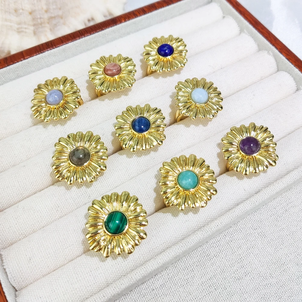 Fashion Sun Flower Shape with Natuarl Stone Amethyst Malachite Gold Plated Ring for Women Men Party Jewelry