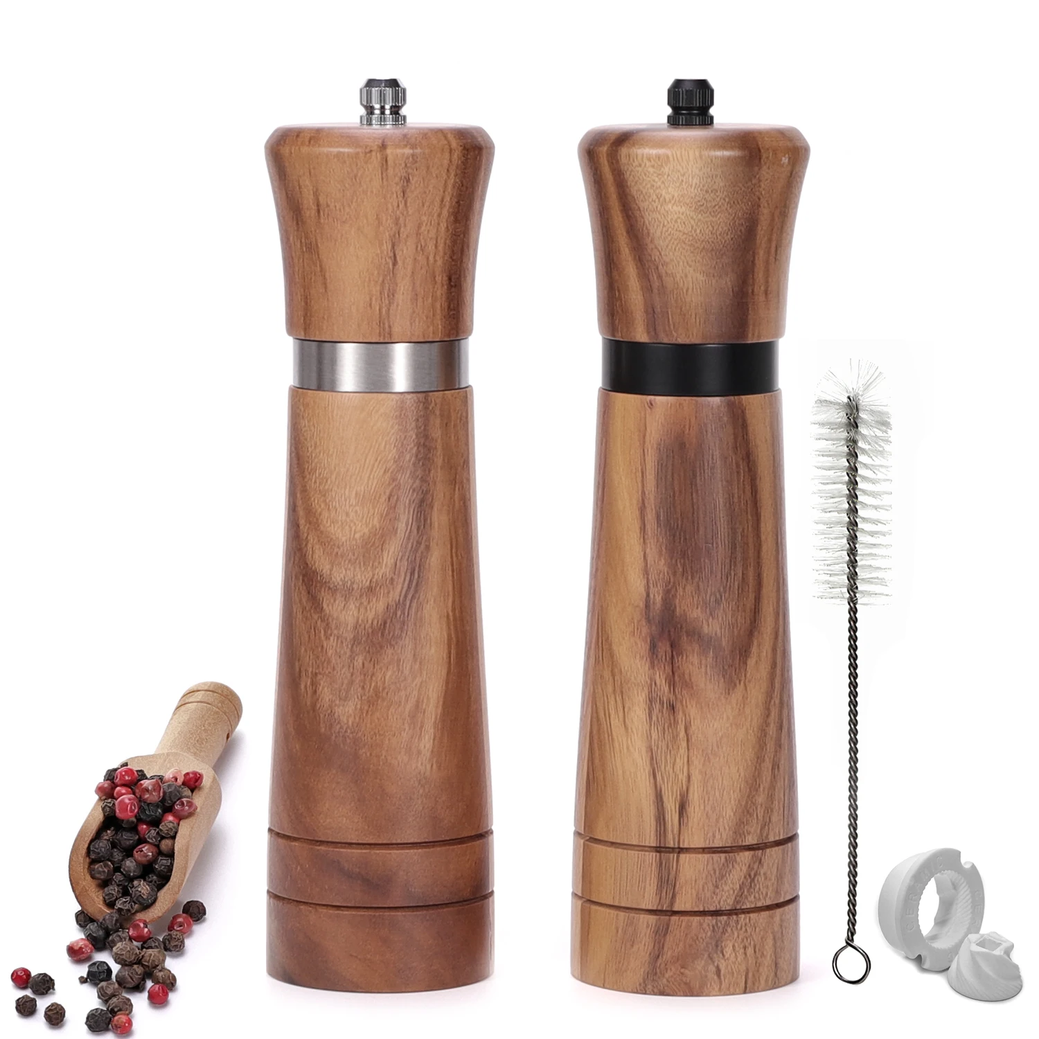 Pepper Grinder, Wood Salt and Pepper Grinder Mills Sets (included a spare ceramic and brush), Salt Shakers for your kitchen