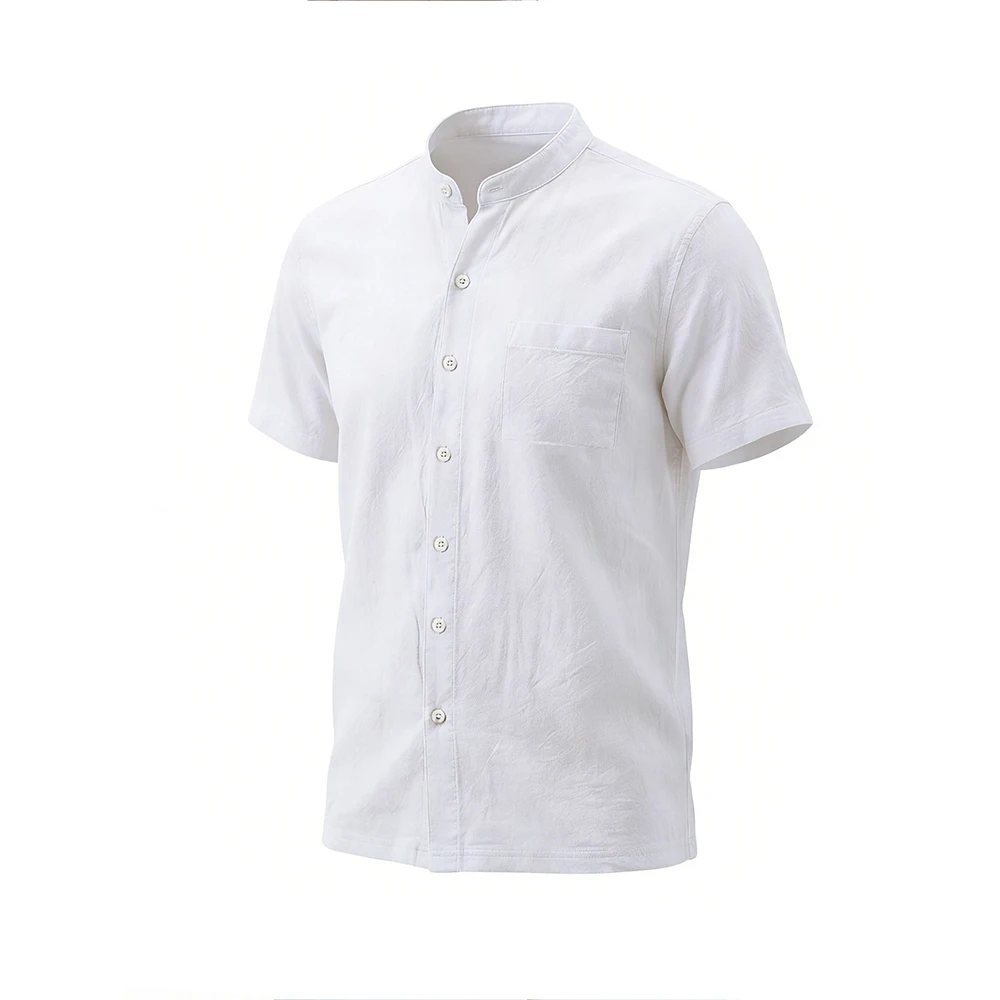 Men's Casual Shirt Cotton Linen Lightweight Solid Color Short Sleeve Henley Neck Fashion Simple Style Single Breasted Male Tops