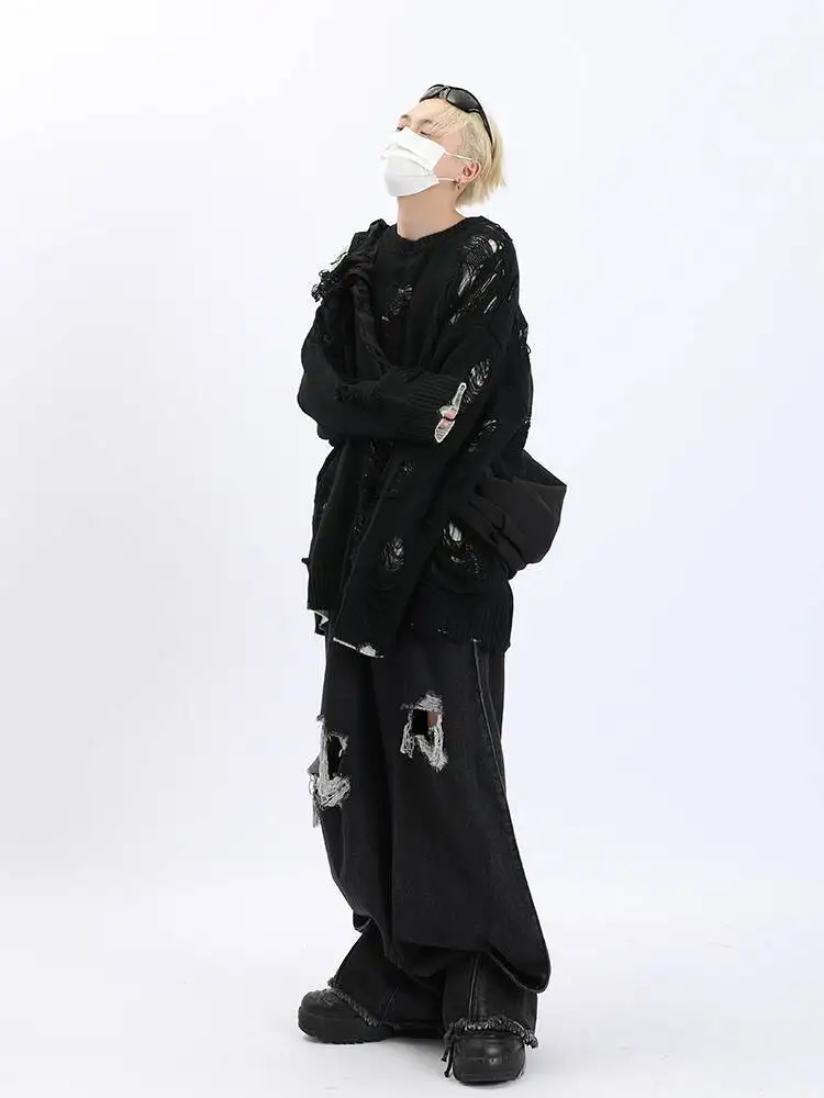 Distressed Hollow Out Reversible Knit Jacket for Men Subculture Style Heavy Duty Lazy Style Two Piece Sweater