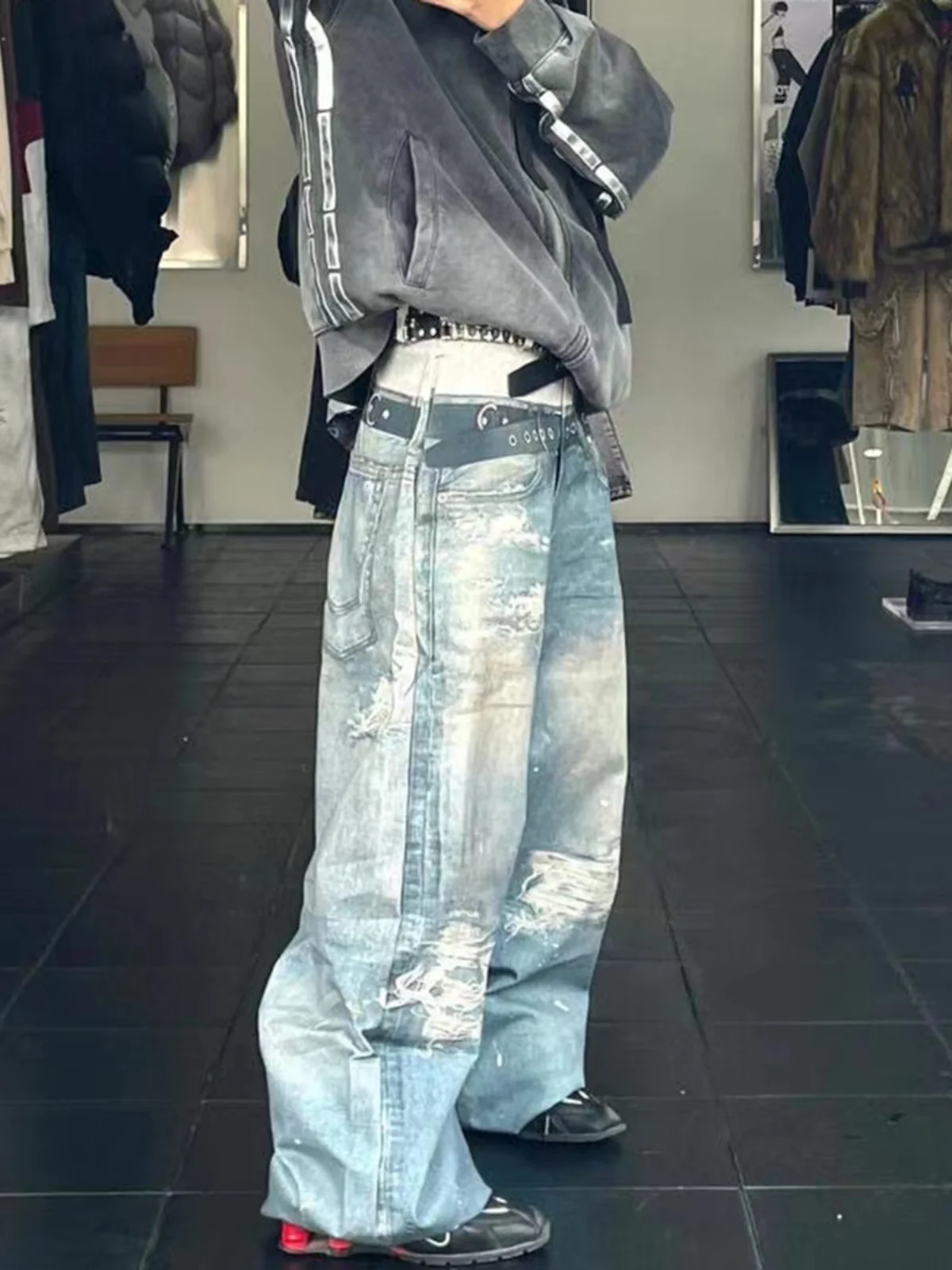 بنطلون جينز رجالي بخصر مزدوج وطباعة رقمية، فضفاض ومستقيم، طويل، مصنوع من القطن المرن، بخصر متوسط الارتفاع، مناسب لجميع المواسم