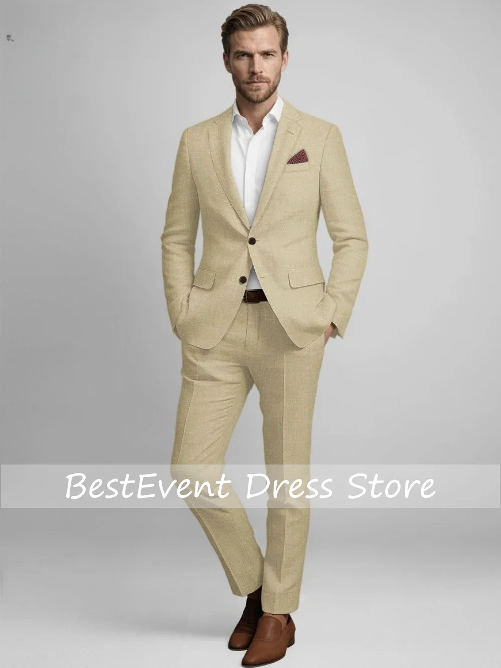 Refined Beige Linen Mens Formal 2Pcs Suit With Slim Cut Blazer Matching Trousers Business And Wedding Attire For Men Customized