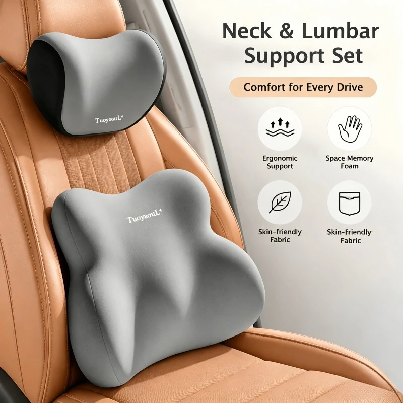 Two Tone Car Neck Pillow Lumbar Support Set Ergonomic Auto Seat Headrest Back Cushion Posture Corrector Driving Pain Relief