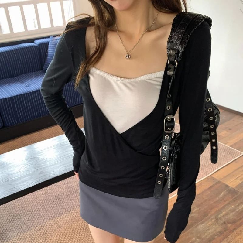 Damen Farbblock-Oberteil mit Langen Ärmeln in Schwarz, Einzigartiges Falsches Zweiteiler-Layering-Oberteil im Koreanischen Stil, Weiches Büro- und Freizeit-Top für den Herbst – Detail 26
