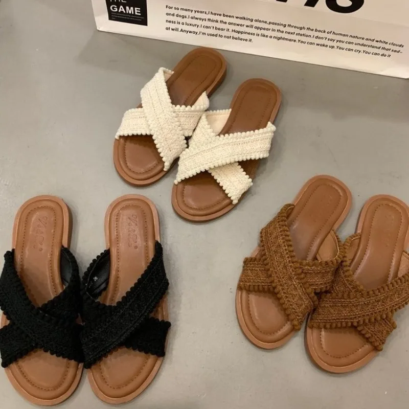 2024 Summer New Crochet Lace Backless Sandals Women's National Fashion Cross-strap Sandalias Women's Casual Flat Summer Shoes