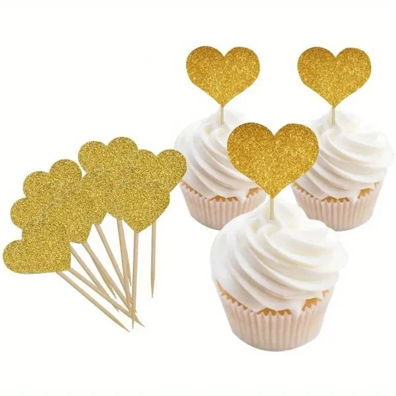 10Pcs20Pcs30Pcs Signature Golden Heart Cake Toppers, Valenti