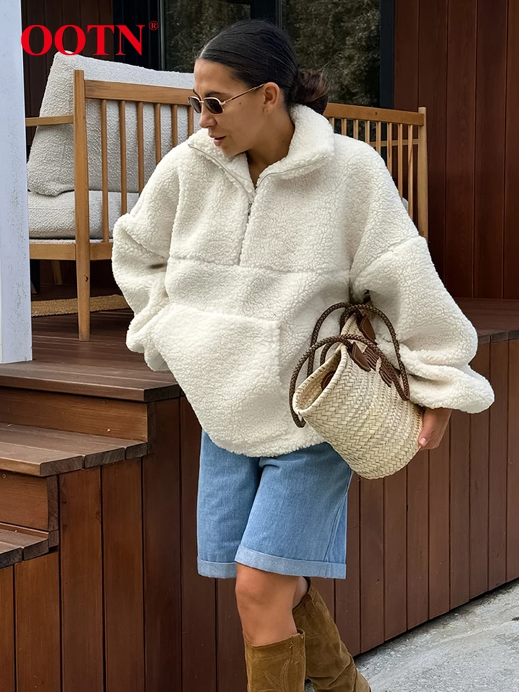 OOTN Autumn Beige Warm Fleece Zipper Sweatshirts Women Oversize Lantern Sleeves Pockets Winter 2024 Casual Pullover Tops Ladies