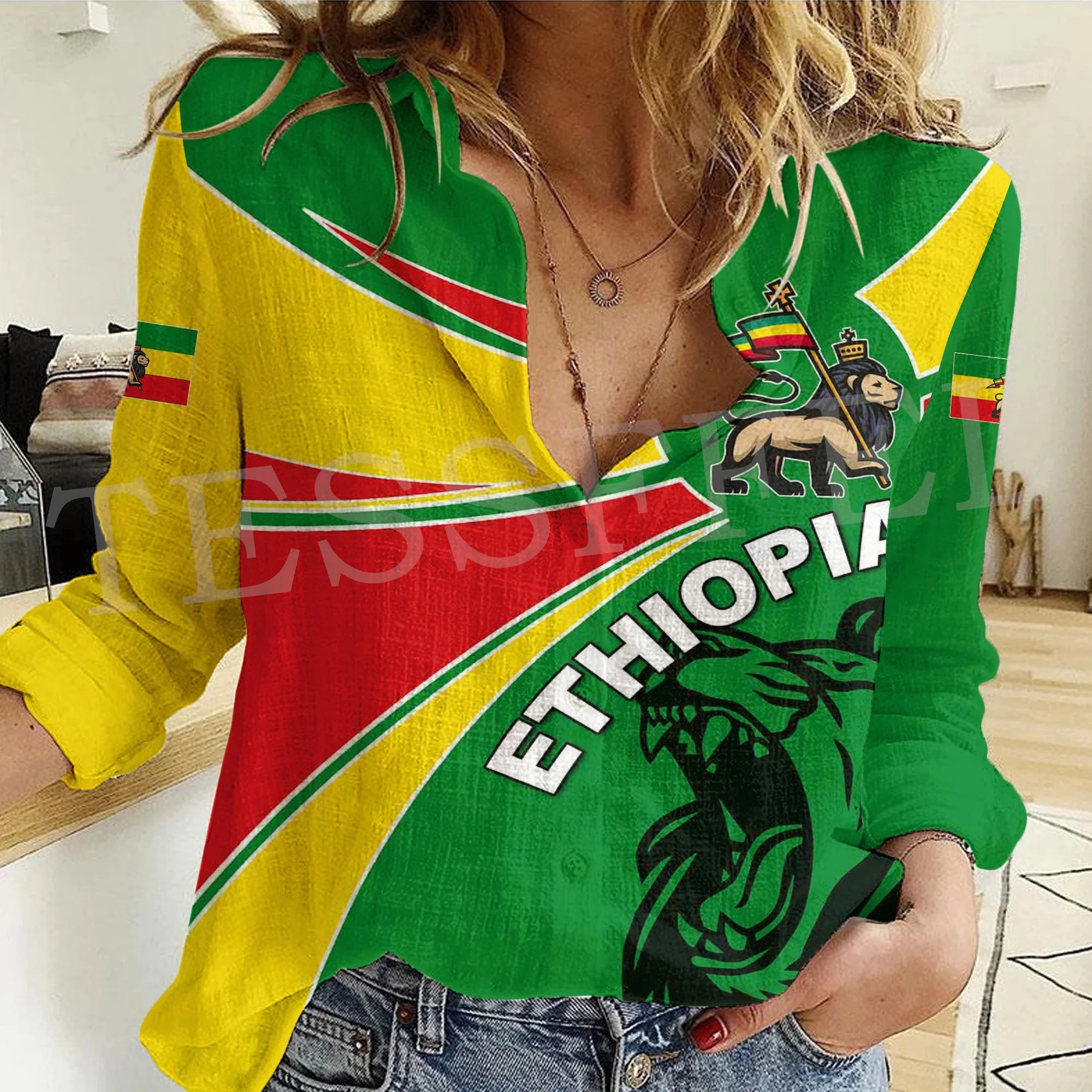 Africa County Ethiopia Eritrea Tigary Rasta Reggae Lion Tattoo Retro 3DPrint Button-Down Shirts Long Sleeve Women Casual Shirt M