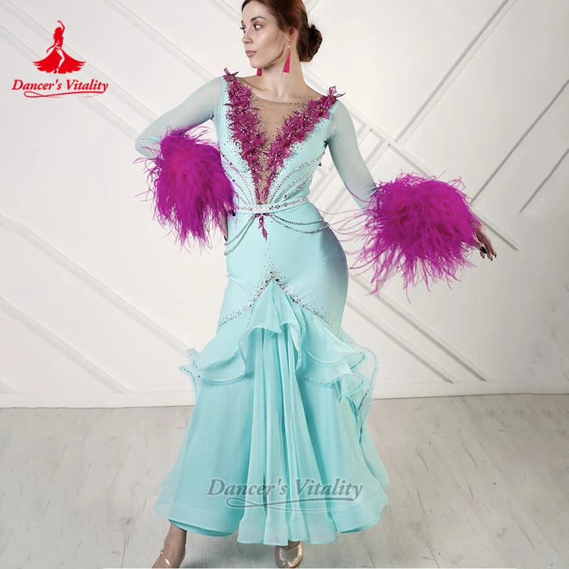 Female Ballroom Dance Long Sleeves Dresses Luxury Customized Dancer's Vitality Adult Teenager Professional Waltz V-back Clothing