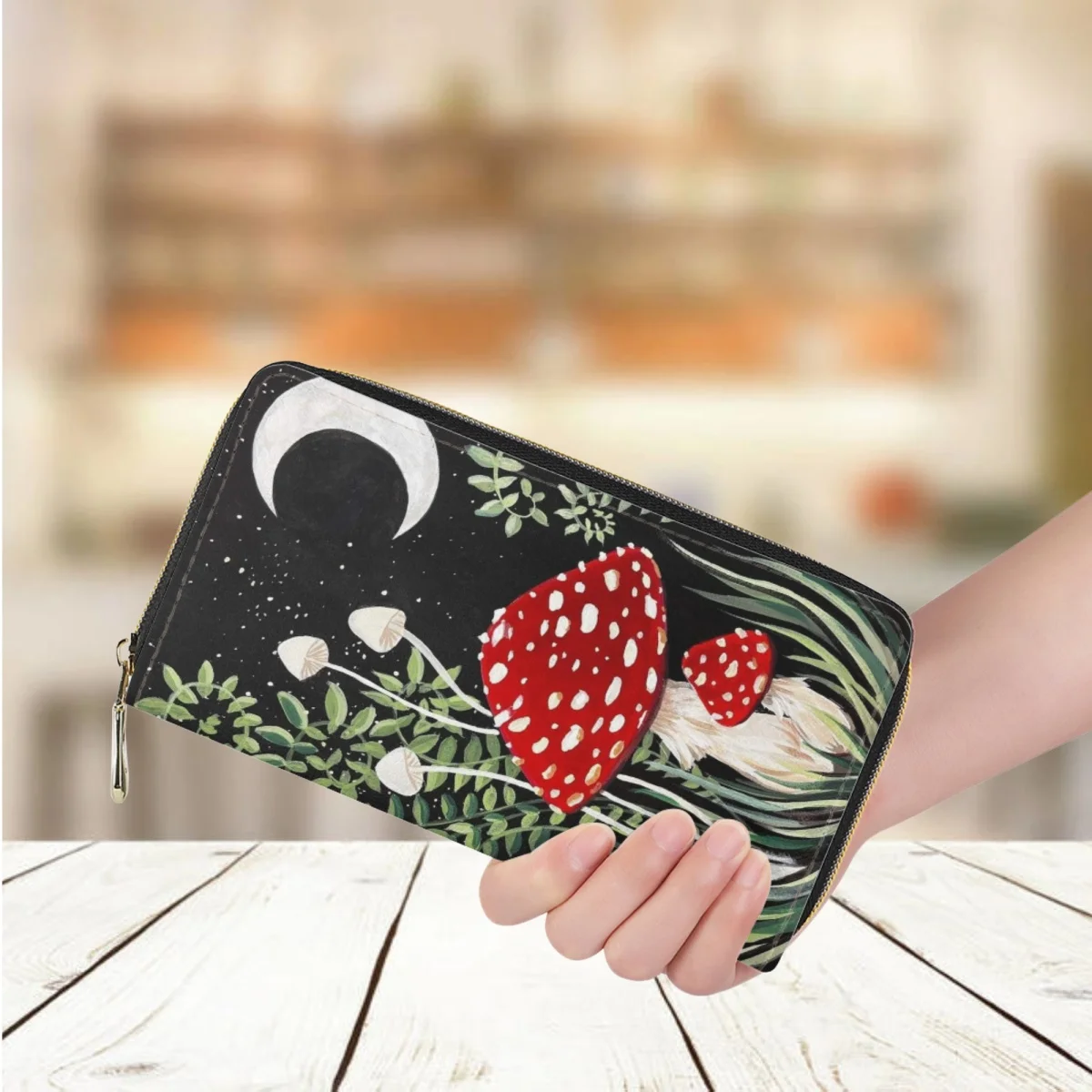 

PU Luxury Leather Long Wallet for Women Hot Plant Mushroom Pattern Print Coin Money Bag Casual Shopping Credit Card Holder Purse