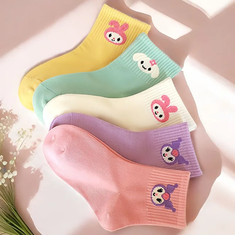 5pcs Kawaii Sanrio Kuromi Socks Cinnamoroll My Melody Girl Cute Anime Autumn/Winter Lace Middle Socks Short Socks Christmas Gift