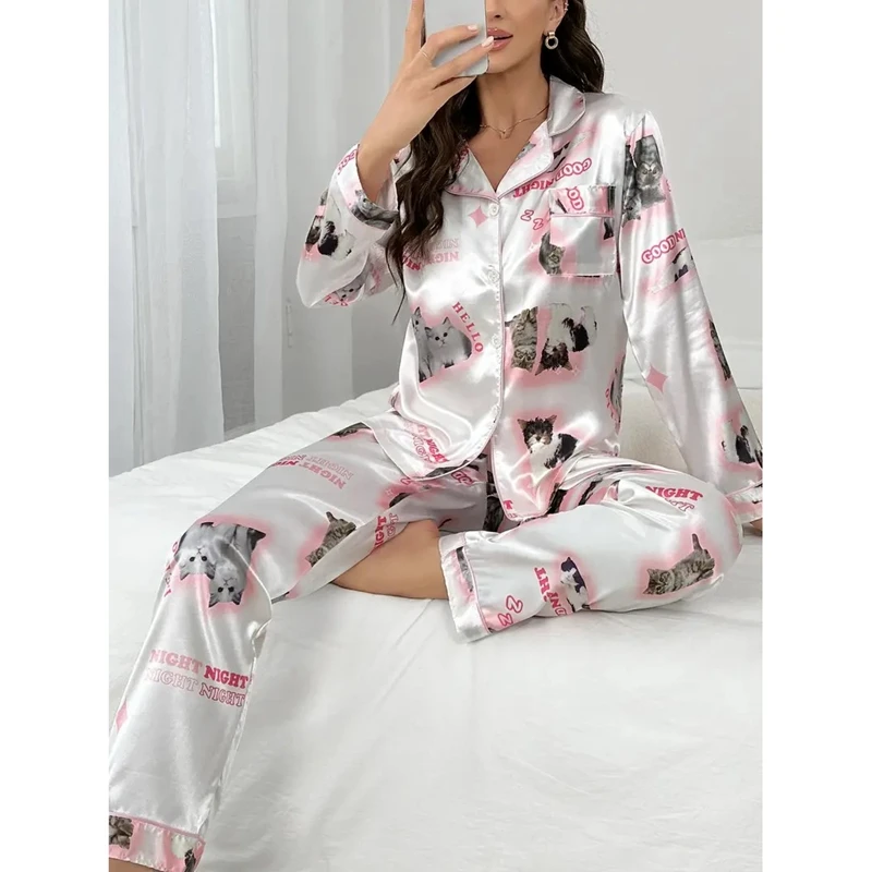 Kawaii Youth Girl Pajamas Satin Pijamas Long Sleeve Fashion Sleepwear Cute Cat Print Autumn Thin Pajama for Women Silk Homewear