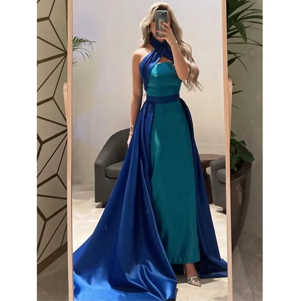 Fashion Satin Prom Dresses Chic Halter Sleeveless Evening Gowns Gorgeous Sweep Train Draped Straight Party Dresses for Women