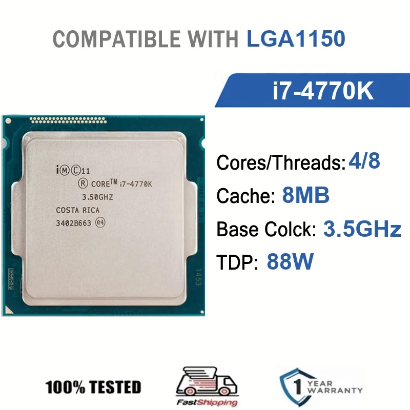 Intel Core i7-4770K 4 núcleos 8 hilos 3,5 GHz 88 W 8 MB de caché 22 nm LGA1150 SR147 DDR3 1333/1600 MHz Haswell HD Graphics 4600