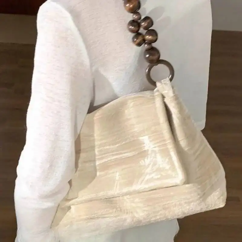 

Retro Veet Beige Handbag Women Beaded Handle Square Large Capacity Shoulder Bags Ladies Elegant Gentle Versatile Underarm Bag