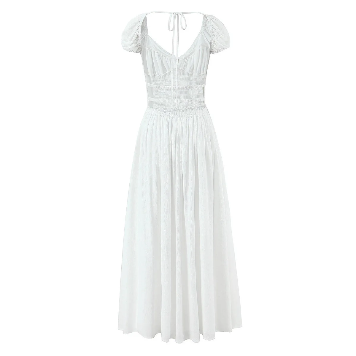 French Style Fresh Butterfly Knot Long White Dress Gentle Waist Cinching Skirt Cotton Polyester Material Short Sleeve High Waist