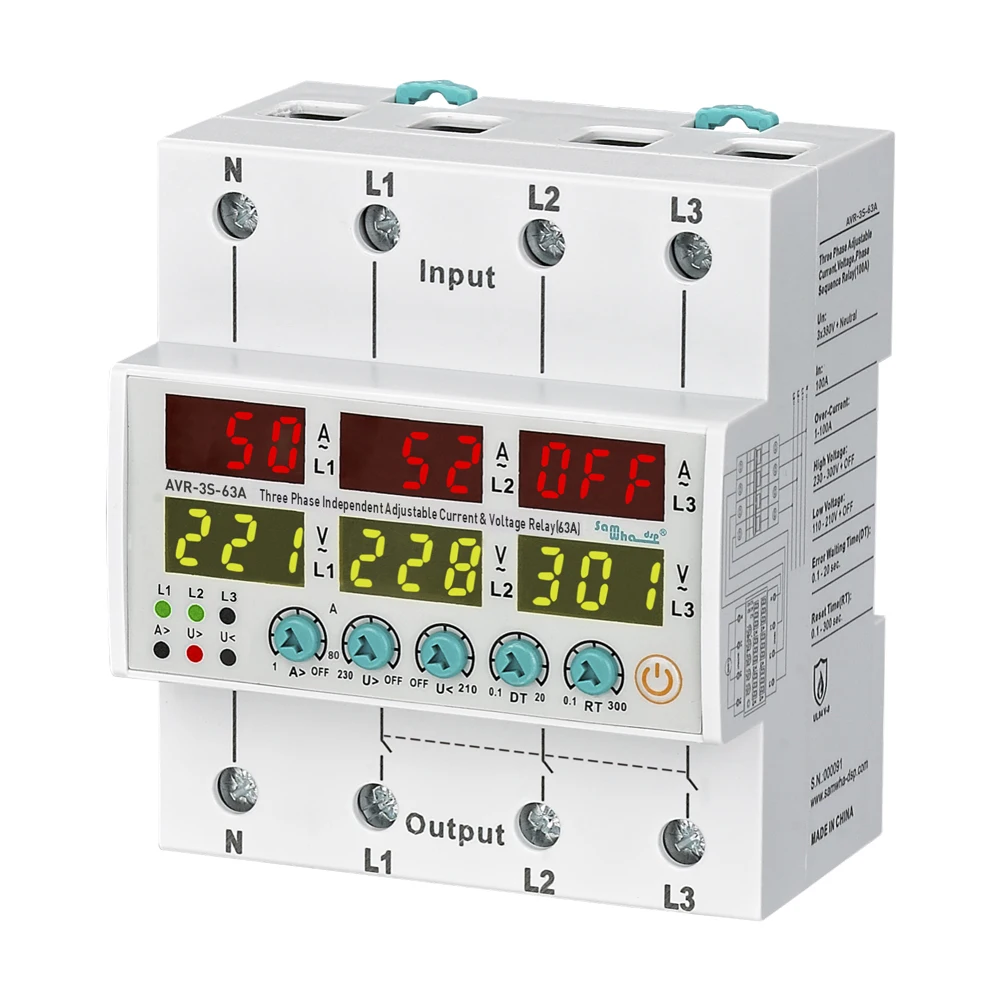 

Samwha-Dsp AVR-3S-XXA 3x380V+Nuetral Adjustable Current & Voltage Non-sync Relay 63A