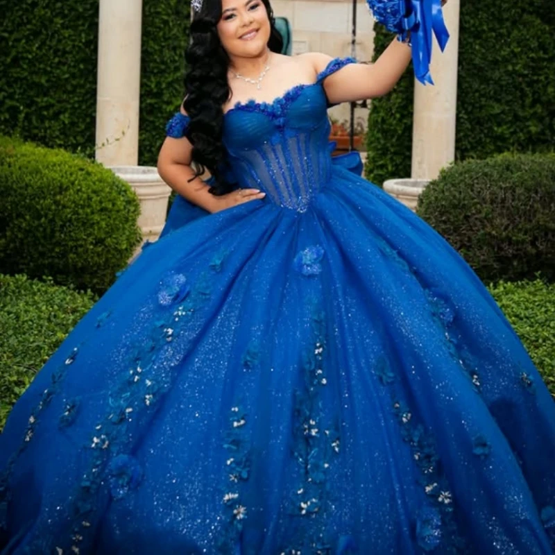 

Royal Blue Shiny Ball Gown Quinceanera Dresses Applique Flower Beading Crystal Bow Tiered Tull Corset Off The Shoulder Sweet 16