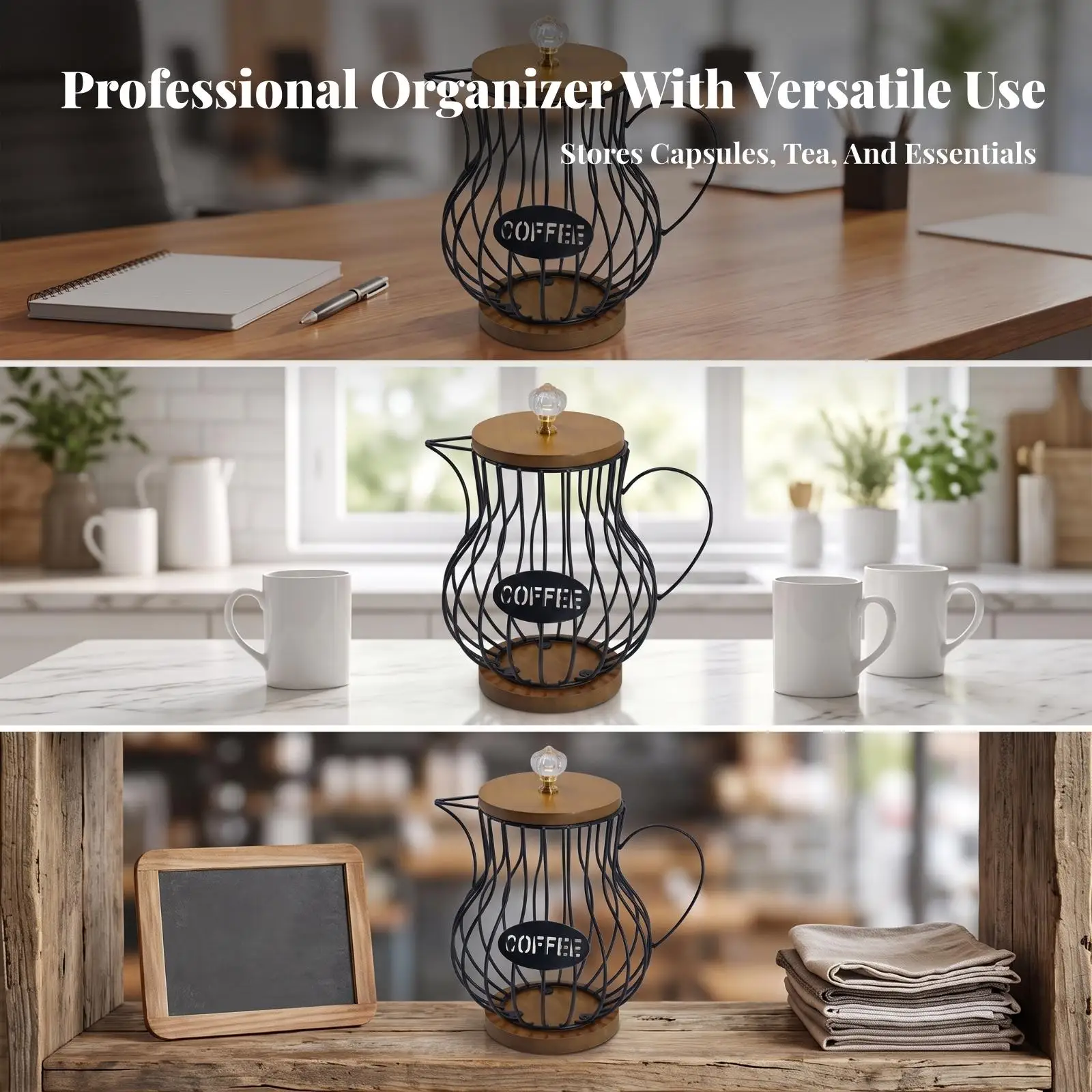 Coffee Capsule Storage Rack Countertop Coffee Capsule Holder Wire Basket with Wooden Lid Compact Organizer Space-Saving