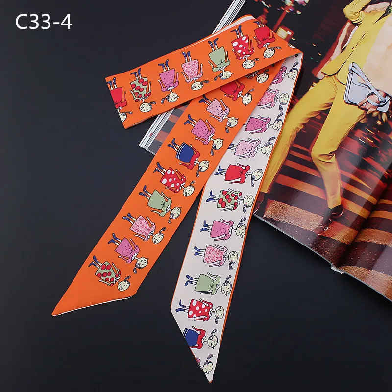 Foulard en soie imprimé de personnages de dessins animés pour femmes, écharpe de tête à la mode, sac à poignée de marque, rubans, petits foulards longs C33