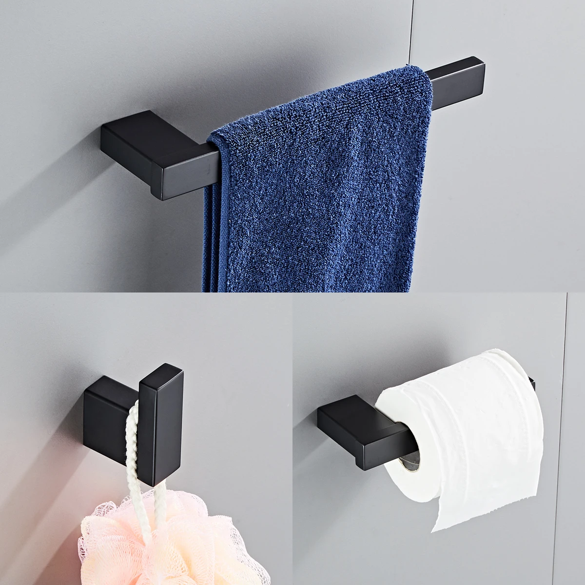 

Towel Bar Set, Black 304 Stainless Steel Paper Towel Holder, Hook, Towel Bar - Bathroom Accessories, Drill Installation