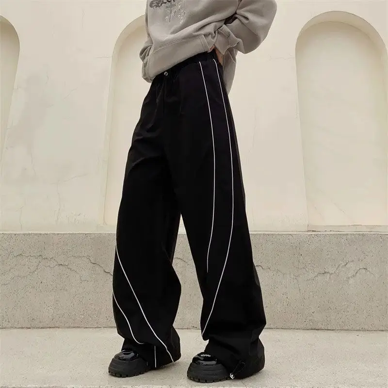 

QWEEK Harajuku Vintage Parachute Pants Women Black Striped Oversized Korean Fashion Trousers Streetwear Hippie Baggy Clothes New